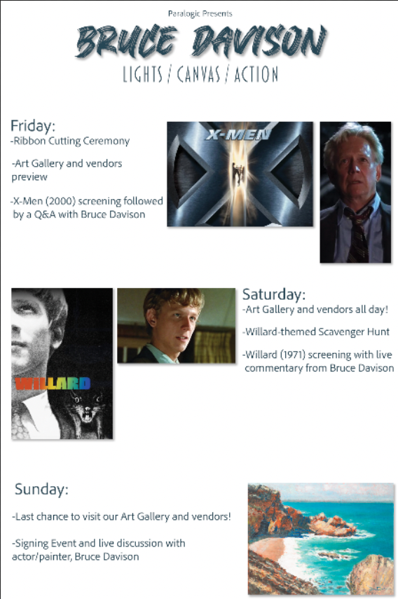 Event Itinerary - Bruce Davison: Lights / Canvas / Action